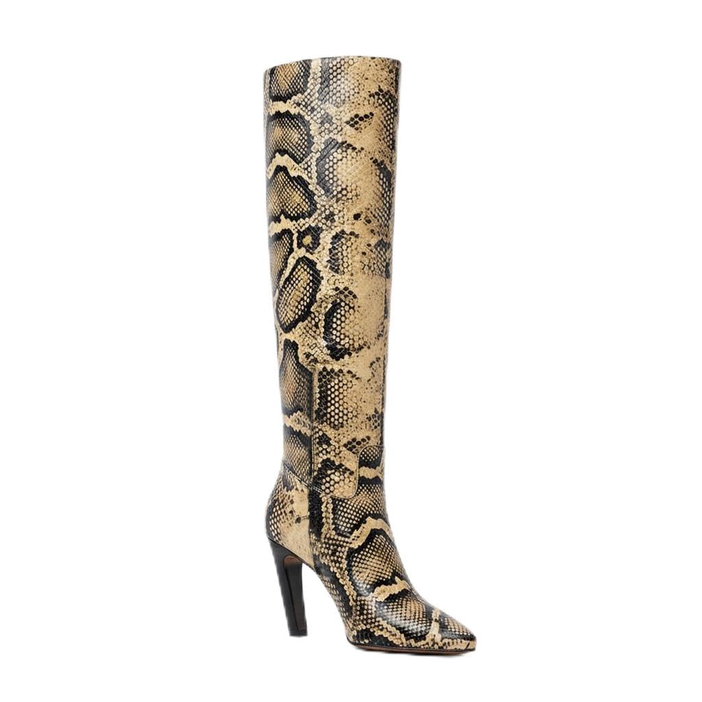 CHRIWILY Stylish Knee-High Boots for Women - Square Toe Block Heel Snake Pattern PU All-Season Fashion Footwear