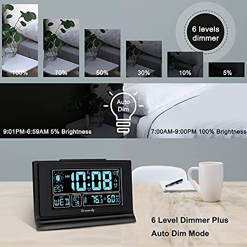 Image of DreamSky Alarm Clocks for Bedrooms with Battery Backup, Auto Set | Digital Clock with Date and Day of Week, Indoor Temperature Humidity, Moon Phase, Dimmer, Auto DST, USB Port