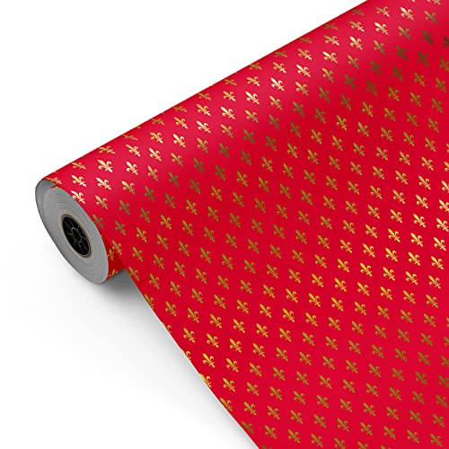 Bobina papel de regalo, rollo grande 62cm x 100m • Color Rojo modelo FLOR DE LIS • Ideal para: Tiendas Negocios Comercios envolver regalos Cumpleaños Baby Shower Bodas Decoración [FP Fiesta Paper]