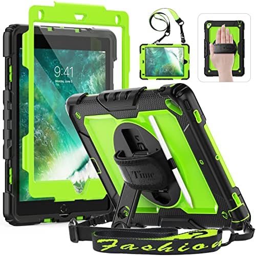Timecity Case for iPad 6th/ 5th Generation, iPad Pro 9.7 Case, iPad Air 2 Heavy Duty Shockproof Bumper Case with Screen Protector, Rotating Stand, Hand Strap, Pencil Holder for iPad 9.7 inch-Black