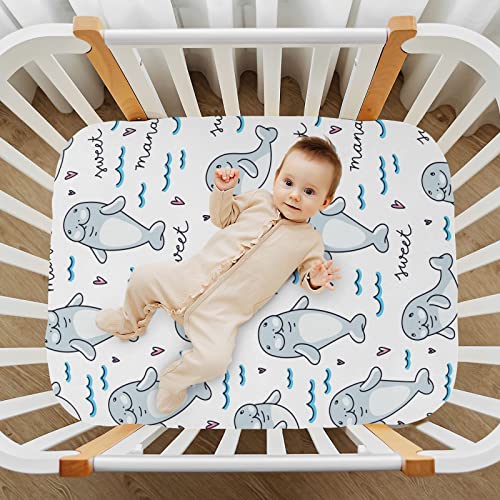 Image of Sea Manatee Valentines Crib Sheets Soft Breathable Fitted Baby Playard Sheets Mattress Cover for Girl Boys, 39 inch x 27 inch x 5 inch