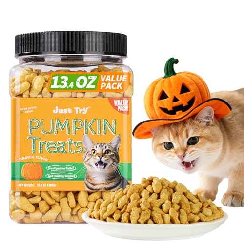 Just Try 13.4 OZ Pumpkin Cat Treats Cat Constipation Relief Hairball Control Healthy Salmon Snacks Training Biscuits Treats for Digestive Support Low Calorie Kitten Snacks