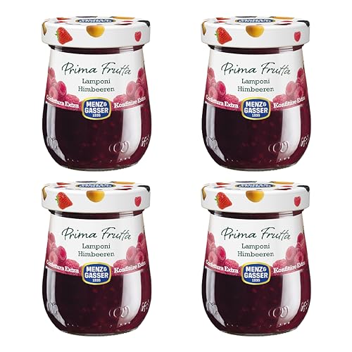 Menz&Gasser, Confettura Extra di Lamponi Prima Frutta, con 50% di Frutta, Realizzata con Frutti di Alta Qualità IQF, Lavorata in Trentino-Südtirol, Naturalmente Senza Glutine, Vegan, 4x340 g