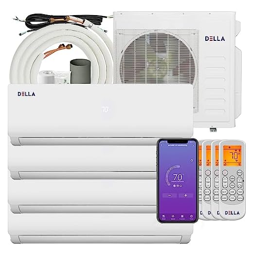 Della 36K BTU ODU Quad 4 Zone(12K 12K 12K 12K) 19 SEER2 208-230V Cools Up to 2200 Sq.Ft Wifi Energy Efficient Multi Zone Ductless Mini Split Air Conditioner Heat Pump Full Set