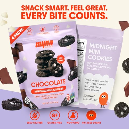 Image of Myna Snacks Midnight Mini Snacking Cookies - Seed Oil Free Snacks - Gluten and Dairy Free Snack - Chocolate Cookies w /White Chips - Healthy Dessert - Sweet Cookie Bites, 8oz (Pack of Two, 4oz Bags)