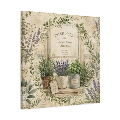 Art mural herbes aromatiques vintage tableau carré en toile pour cuisine