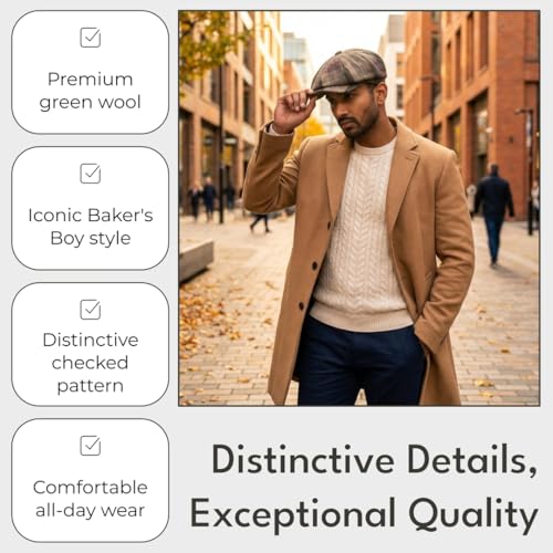 Image of The Tie Hub Wool Flat Cap for Men, Premium Wool Warmth, Vintage Baker's Boy Silhouette, Distinctive Checked Pattern, Green, M
