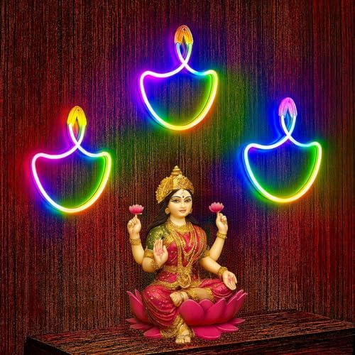 Image of One94Store Diwali Diya Neon Sign Light | Multicolor LED Neon Rope for Home, Mandir & Pooja Room Decoration | IP65 Waterproof Indoor Outdoor Festival Decor