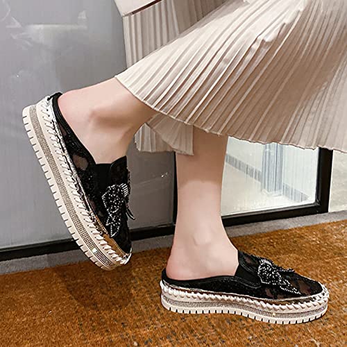 Image of Women's Platform Rhinestones Glitter Sneakers,Fashion Cute Bow Comfy Breathe Canvas Hand-Stitching Slip On Casual Walking Flat Loafers