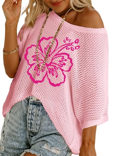 Image of Dokotoo Womens Floral Fashion Summer Tops 2026 Short Sleeve Crochet Sweaters Swimsuit Cover Ups Lightweight Knit Pullover