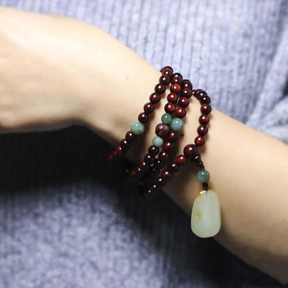 XANAYXWJ Legno di Sandalo Rosso Naturale 108 con Pendente in nefrite, Collana di Perle di Mala Buddista in Legno per Yoga, 8 mm