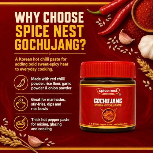 Image of Spice Nest Gochujang Korean Hot Chilli Paste, 170g, Red Pepper Sauce for Bibimbap, Tteokbokki, Ramen, Noodles, Stir Fry and Marinade, Vegetarian