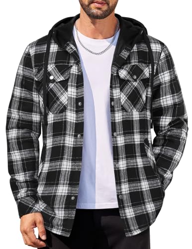 COOFANDY Mens Flannel Shirt Jacket Cotton Quilted Lined Plaid Shirt Long Sleeve Button Down Hoodie Jackets