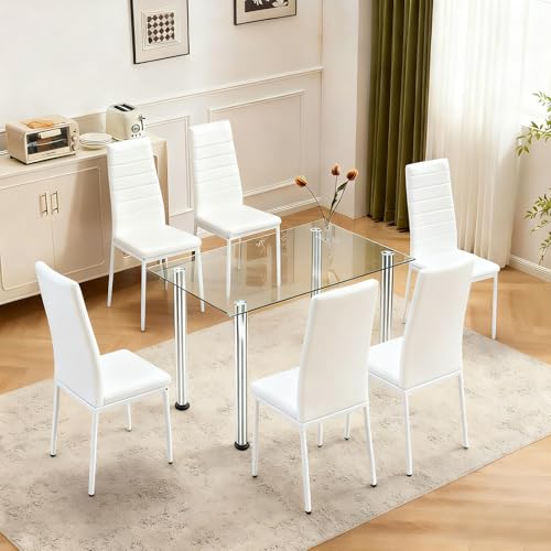 Karl home White Dining Chair Set of 6, Leather Dining Chairs with Curved Back & Foot Cap Protection for Dining Kitchen Living Room, 300lbs Capacity