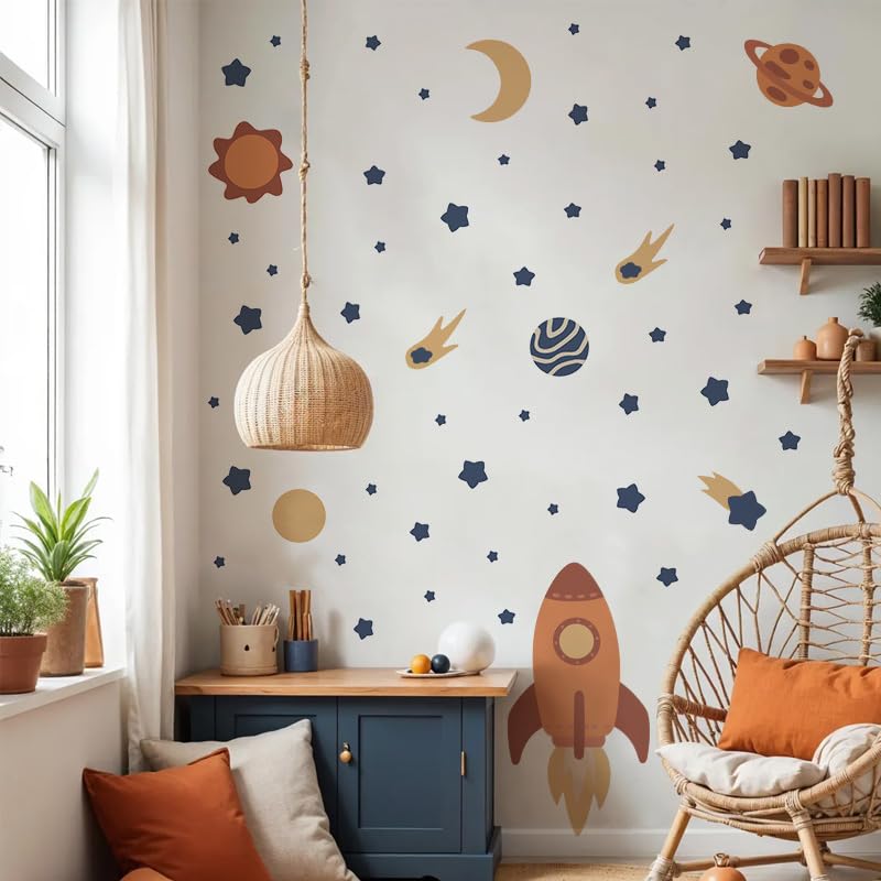 Kasubeso Outer Space Wall Decals Peel and Stick Rockets Stars Planet Wall Stickers Space Themed Wall Decor for Baby Nursery Kids Bedroom Boys Playroom Decoration