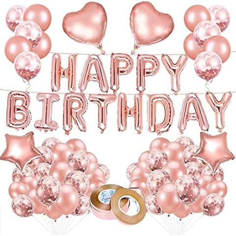 Rose Gold Birthday Decorations, Vita 70pcs Happy Birthday Banner Rose Gold Latex Foil Conffetti Balloons for Woman/Girl Birthday Wedding Anniversary Ceremony Baby Shower Cover