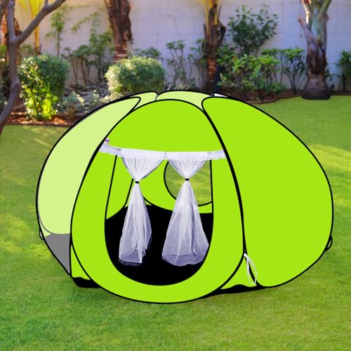 Image of SILVER SHINE Foldable Delightful Patterns Popup Kids Play Tent House for Multi Purpose|PlayTent House for up to 10 YearOld Kids Girls&Boys|Mosquito Net Design Tent for Kids Tent House (Green Star)