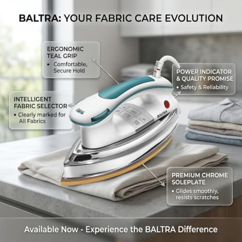 Image of Baltra Dry Iron Impact 1000 Watts, Golden Sole Plate Greblon Non Sick Soleplate with German Technology | Shock Proof Body Heavyweight Iron Press for Clothes 2 Years Warranty (Impact Dry Iron)