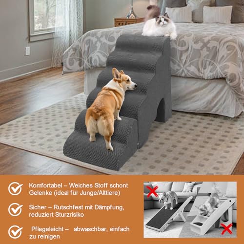 Hundetreppe 60cm Hoch für Bett, 6 Stufen Hunderampe für Boxspringbett, rutschfeste Haustiertreppe/Rampe für kleine/verletzte Hunde, Katzen, Farbe in Dunkel Grau