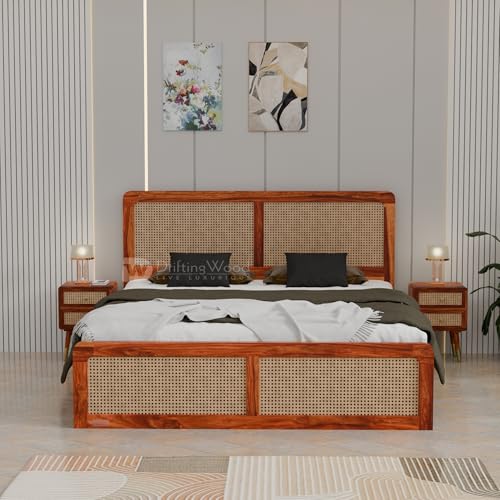 Image of DRIFTINGWOOD Camber Solid Sheesham Wood King Size Bed Without Storage | Rattan Cane Headboard & Footboard | Curved Edges | Honey Finish (Self Assembly Required)