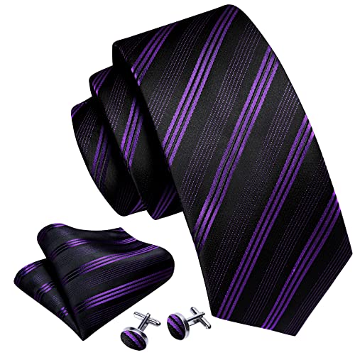 Image of Barry.Wang Man Stripe Ties Set Silk Woven Pocket Square Necktie Cufflinks Formal Party Business