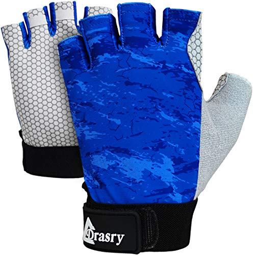 Drasry - Guantes de pesca UV sin dedos, protección solar para hombres y mujeres UPF50+SPF para pesca, kayak, senderismo, vela, remo y canoa, Large, Azul