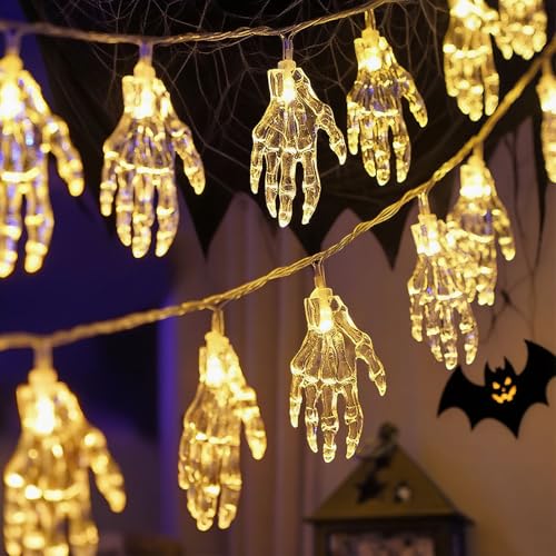 XVZ Corrente de luzes de mão fantasma com temporizador, 3 m, 20 LED, funciona a pilhas, corrente de luzes para outono e Halloween, mão fantasma transparente