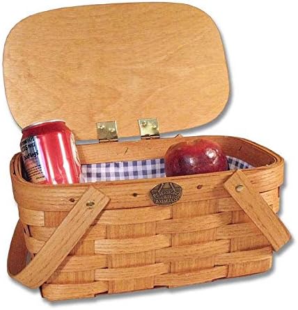 Peterboro Baskets Back to School Wood Lunch Picnic Basket with Blue White Checkered Lining - Natural Stain Finish