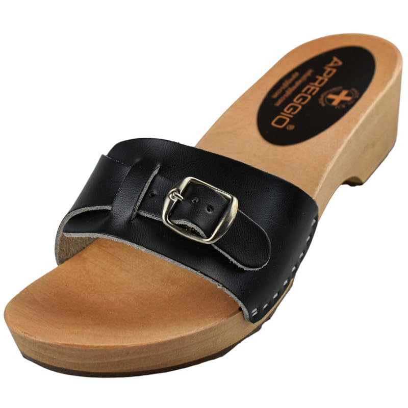 APREGGIO Zapatos de madera para mujer, zuecos abiertos de cuero, zapatillas hechas a mano, zapatillas, suecas, Negro, 38 EU