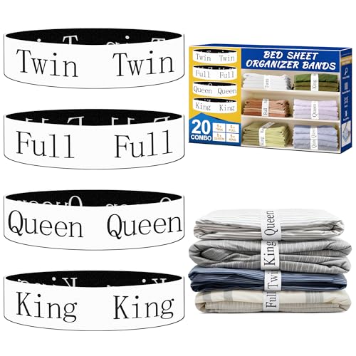 WHISPERING WONDER 20 Pack Elastic Bed Sheet Organizer Bands with Size LabelsElastic Bedding Band Labels for Organizing Bed Sheets with Assorted Sizes