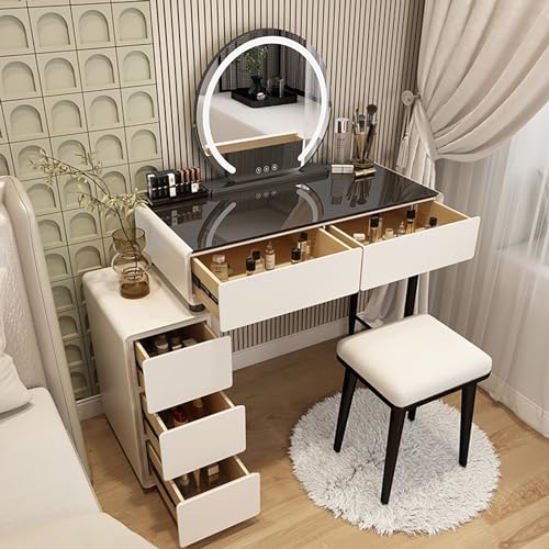 Juego de mesa de maquillaje con luz LED con espejo de brillo ajustable, encimera de vidrio templado y escritorio de tocador para dormitorio de niñas
