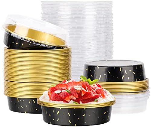 Suice Disposable Ramekins with Lids 4 Inch, 50pcs Aluminum Foil Baking Cups for Individual Cake Mini Cake Pans Tart Tins with Lids, Star Shower Mini Cheesecake Container for Quiche,Tiny Tart, Desserts