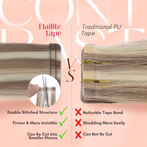 Image of Elailite Tape in Hair Extensions Human Hair Thick Real Remy Hairpieces Golden Brown & Bleach Blonde 14 Inch 40g 20pcs Straight Invisible Seamless Skin Weft Best Tape for Women