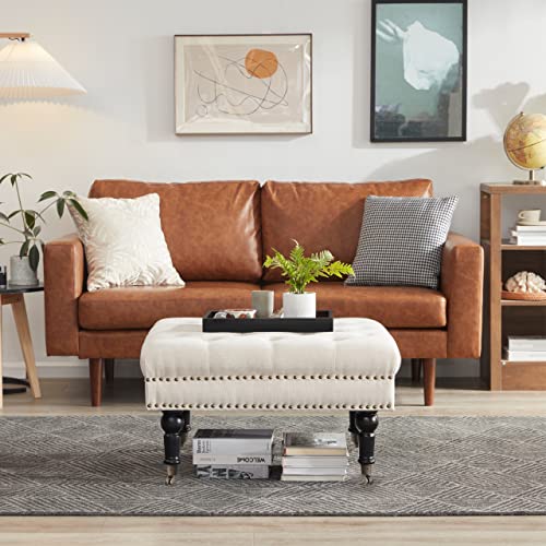 Kingfun Large Square Tufted Ottoman Coffee Table With Tray & Casters Wheels, Oversized Linen Cocktail Ottoman Bench, Upholstered Coffee Table Ottomans, Foot Rest Stool For Living Room(Beige) #TOP6