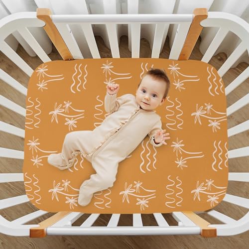 Image of Palm Tree Ocean Waves Boho Orange Fitted Crib Sheets Stretchy Portable Playard Sheets for Baby Toddler, Breathable Soft Mini Crib Mattress 52 x 28 in for Boys and Girls, Pink