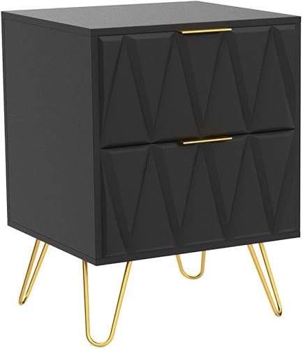 Miniatura 5 de CIAPCHO - Juego de 2 mesitas de noche negras, juego de 2 mesas de noche modernas con 2 cajones, mesa auxiliar negra y dorada con acabado de línea