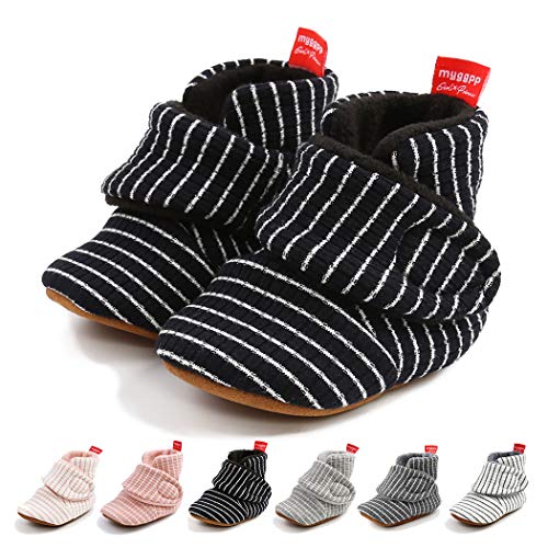 Baby Boys Girls Fleece Booties Infant Cotton Socks Newborn Soft Sole Winter Warm Stay On Slippers Non-Skid Cozy Crib Shoes(0-6 Months M US Infant,H-Black)