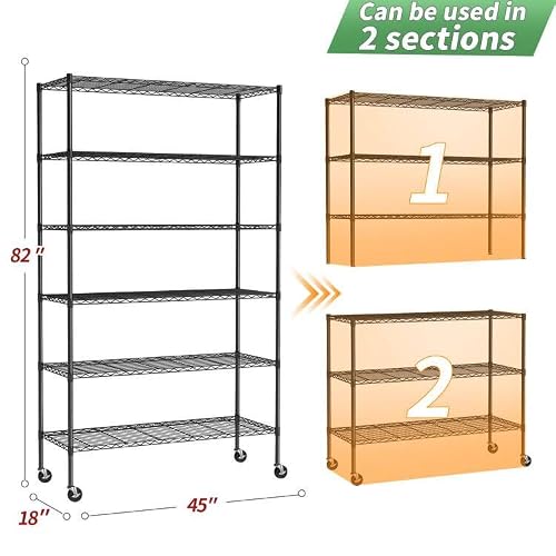 BestOffice Storage Shelves 6 Tier Metal Shelves Adjustable Garage Shelving Wire Shelving Unit Capacity 2100LBS with Wheels for Kitchen, Garage Pantry Closet Commercial,Black - Thumbnail 3