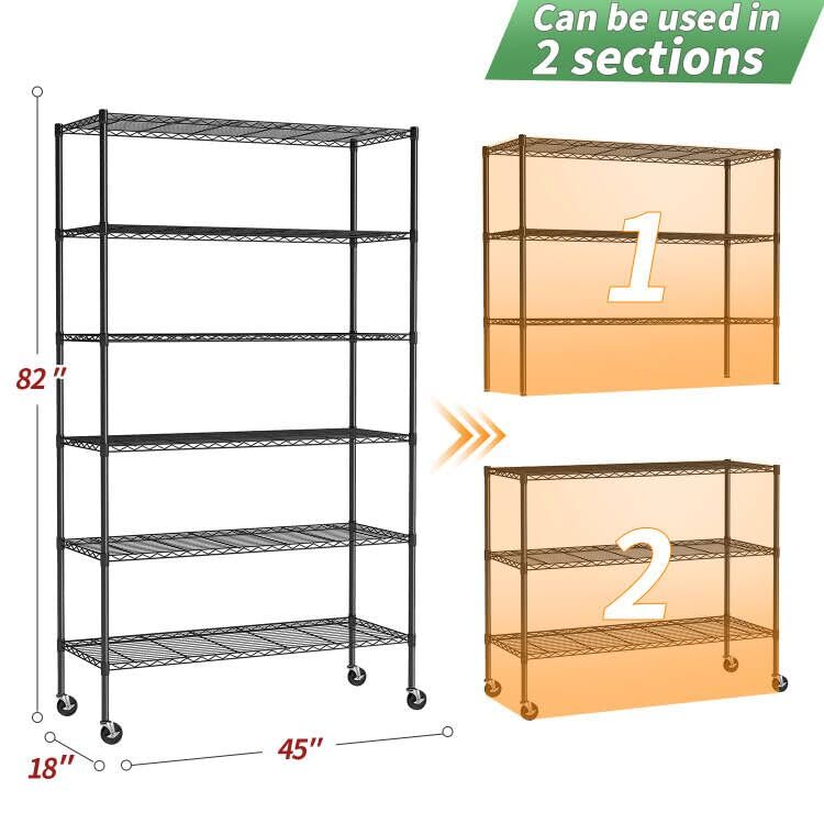 Image of BestOffice Storage Shelves 6 Tier Metal Shelves Adjustable Garage Shelving Wire Shelving Unit Capacity 2100LBS with Wheels for Kitchen, Garage Pantry Closet Commercial,Black