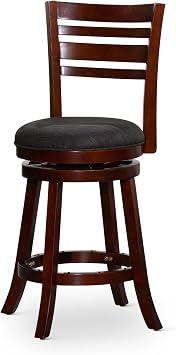 DTY Indoor Living Granby Counter Height Bar Stools - 24 Inch Swivel Bar Stools with Backs - Cherry Finish and Charcoal Fabric Seat- Solid Wood Frame with Slat Back Design