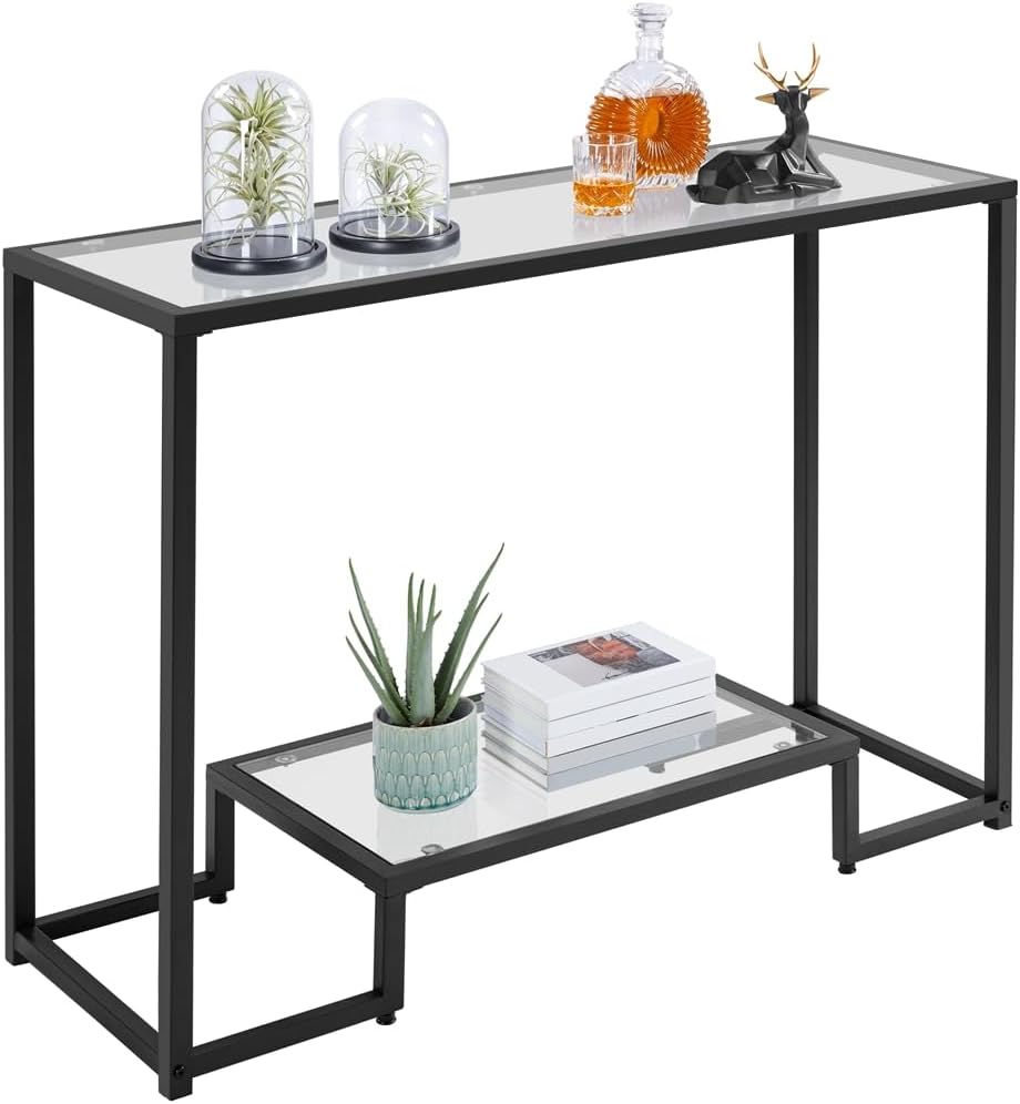 Yaheetech 42 Inch Console Table, Tempered Glass Entryway Table, 2-Tier Sofa Tables with Storage Shelves, Entrance Tables for Hallway Living Room, Black