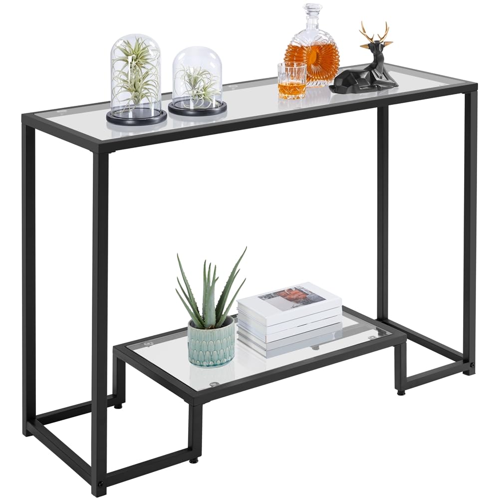 Yaheetech 42 Inch Console Table, Tempered Glass Entryway Table, 2-Tier Sofa Tables with Storage Shelves, Entrance Tables for Hallway Living Room, Black