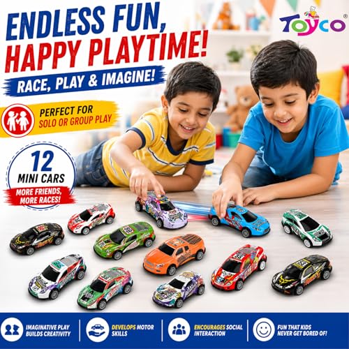 Image of toyco 12 Pcs Mini Metal Pull Back Cars for Kids 3+ Years | Small Toy Cars Set for Boys & Girls | Die Cast Racing Car Toys, Return Gifts, Party Favors, Birthday Gift, Friction Powered Mini Car