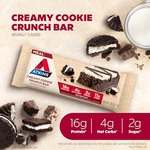 Image of Atkins Creamy Cookie Crunch Meal Bars, 16g Protein, 11g Fiber, 2g Sugar, 4g Net Carbs, Low Carb, 12 Count