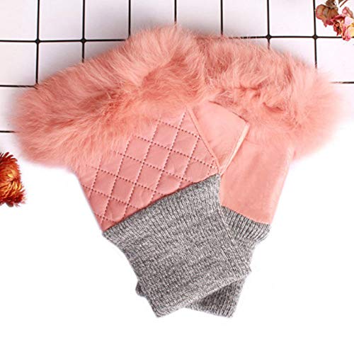 Guantes de Mujer,Fashion Faux Fur de Conejo,Guantes de Cuero Genuino Badanas Mitones,Mantenga Cálido Invierno Guantes Sin Dedos,Rosa