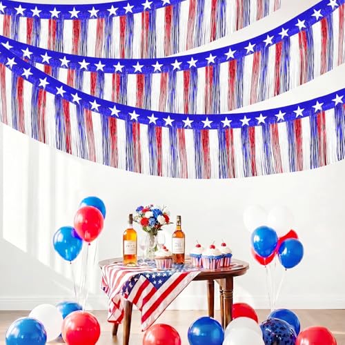 4th of July Decorations 2Pack 40Ft Foil Fringe Garland Tinsel Streamers Red White and Blue Fringe Backdrop Banner for Parade Floats Decor Memorial Day Veterans Day Patriotic Party Hanging Decorations