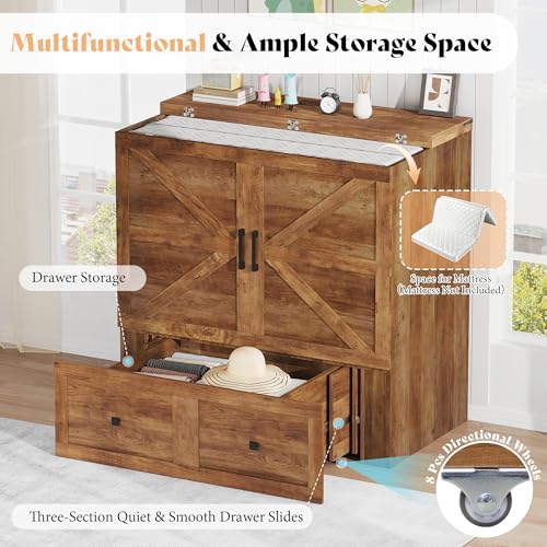 Image of AMERLIFE Twin Murphy Bed Cabinet with Charging Station and Storage Drawer, Farmhouse Foldable Platform Bed for Home Office, Apartment, Small Spaces, Barnwood