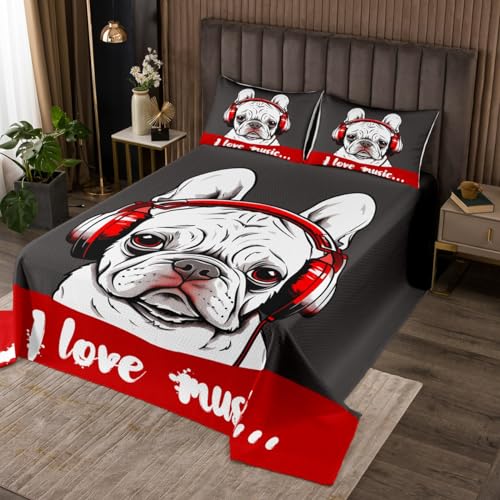 Erosebridal Cartoon Pug Dog Queen Quilt for Kids Boys Hippie Headset Coverlet Set, Animal Theme Bedding Set Black White Red Bedspread Set, Puppy Popstar Bed Quilt Musician Bedroom Decor Black