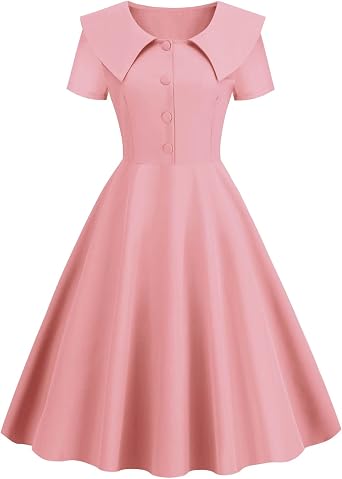 LAWOR Womens Puff Short Sleeve 1950s Dresses Polka Dot Print Tea Dresses V Neck Bowknot Rockabilly Dress Pleated Swing Dress