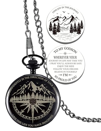 Godson Gifts from Godmother Godfather, Go Confidently Pocket Compass Engraved Black, to My Godson Pocket Token, Inspirational Keepsake Gifts Ideas for Godson Birthday Graduation Christmas Baptism